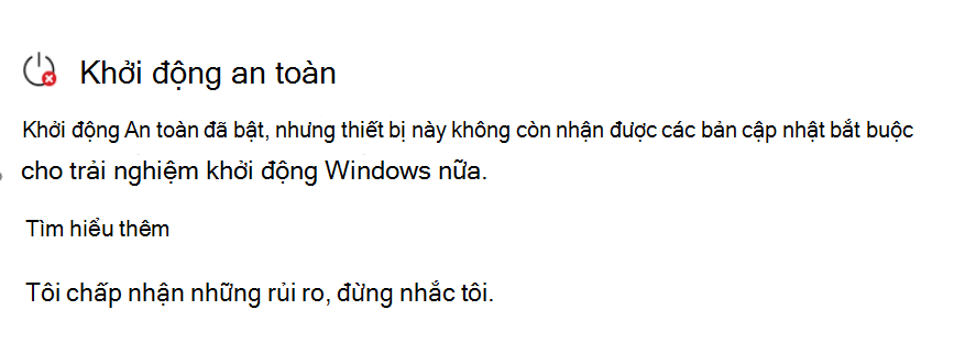 Phần Khởi động An toàn hiển thị trạng thái Yêu cầu hành động với biểu tượng dừng màu đỏ.
