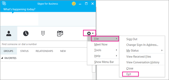 Để thoát khỏi Skype for Business, hãy chọn biểu tượng bánh răng, sau đó Thoát Tệp >