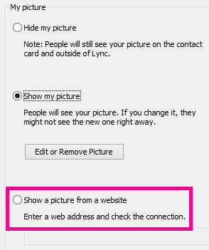 Ảnh chụp màn hình phần cửa sổ tùy chọn ảnh của tôi trong Lync với ảnh chọn từ website được tô sáng
