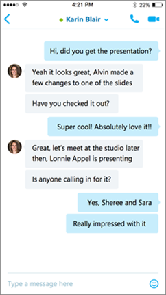 Màn hình hội thoại của Skype for Business cho iOS