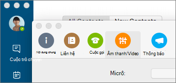 Ảnh chụp màn Skype for Business màn hình Tùy chọn, với ngăn Âm thanh/Video được chọn.