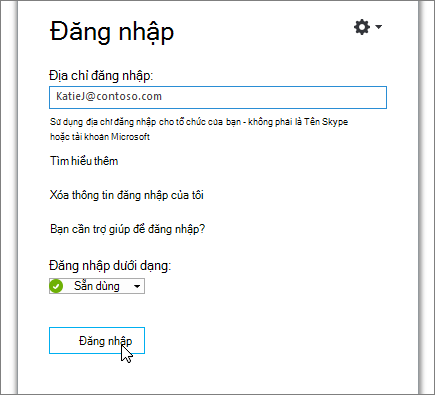 Ảnh chụp màn hình hiển thị nút Đăng nhập trên Skype for Business màn hình Đăng nhập.