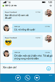 Diện mạo và cảm nhận mới trong Skype for Business cho Windows Phone--cửa sổ hội thoại