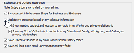 Tùy chọn tích hợp Exchange và Outlook trong menu Skype for Business chọn Cá nhân.