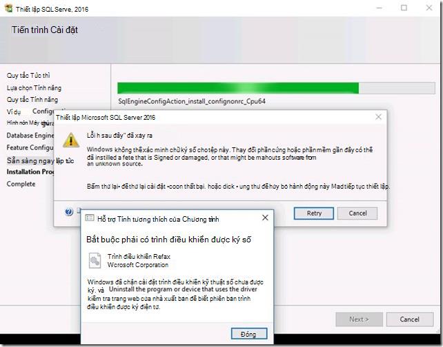 Thiết lập SQL Server 2016 báo cáo lỗi chữ ký số và cảnh báo trình điều khiển được ký điện tử