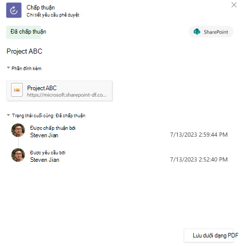 Ảnh chụp màn hình Lịch sử phê duyệt các mục danh sách trên ứng dụng.