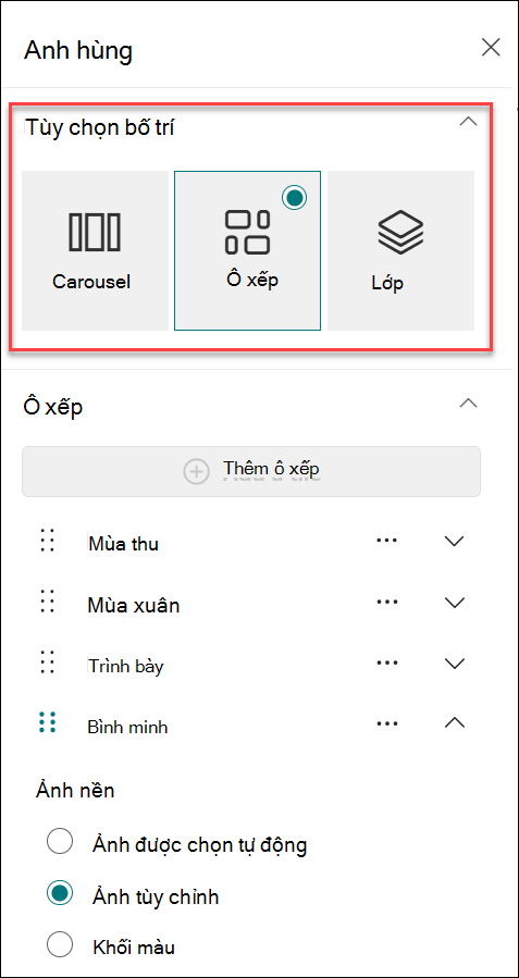 ảnh chụp màn hình về thay đổi bố trí từ ngăn thuộc tính