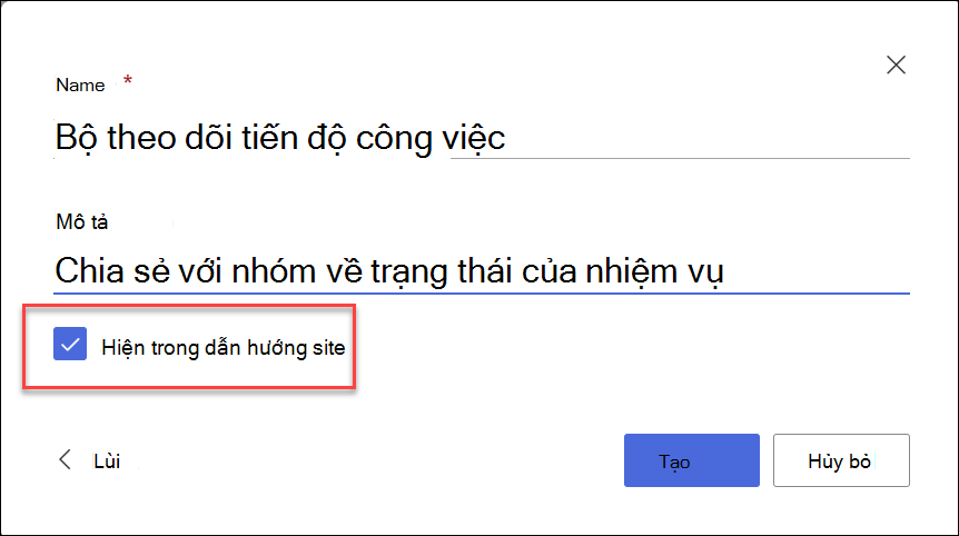 ảnh chụp màn hình danh sách tạo từ site SharePoint