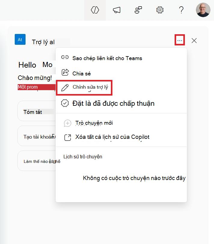 Ảnh chụp màn hình menu để chỉnh sửa trợ lý ảo SharePoint từ sidecar