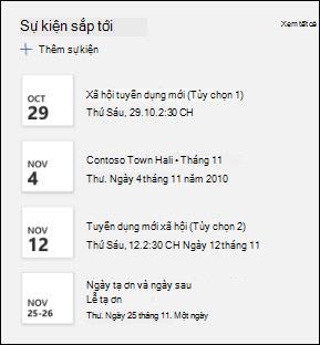 Bản xem trước của phần web Events.