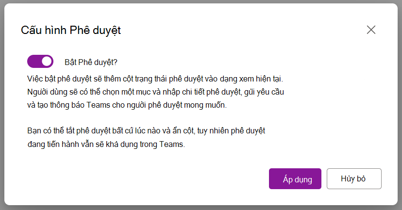 Ảnh chụp màn hình hiển thị tùy chọn Hộp thoại cho phép Phê duyệt