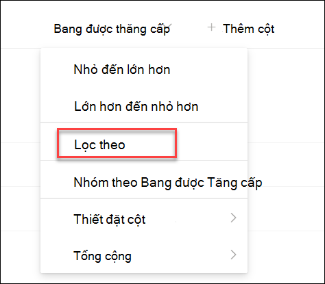 ảnh chụp màn hình Lọc theo trạng thái được tăng cấp