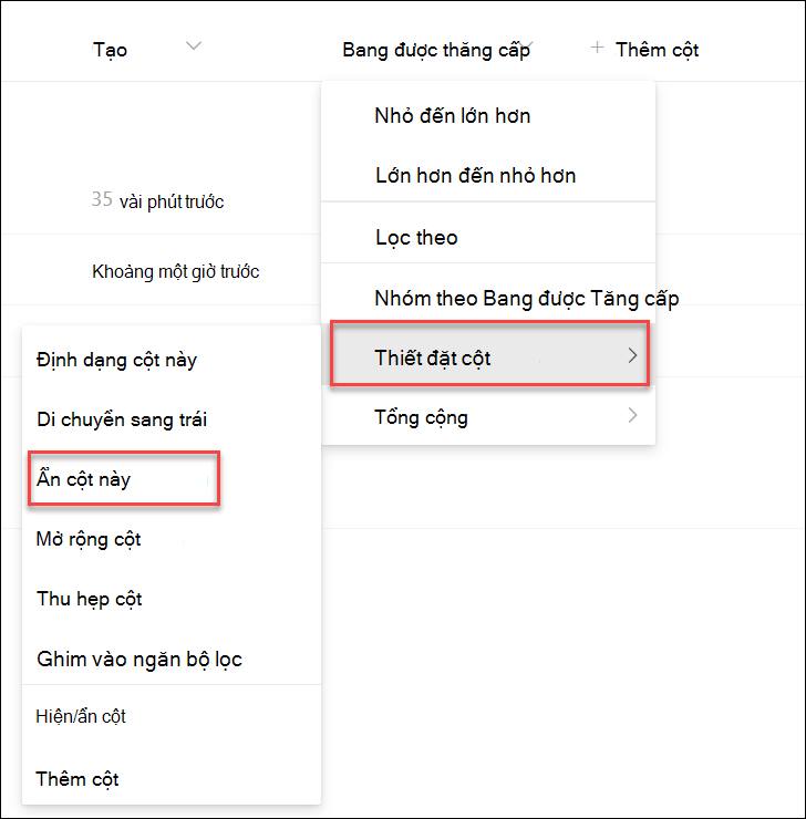ảnh chụp màn hình về việc ẩn cột