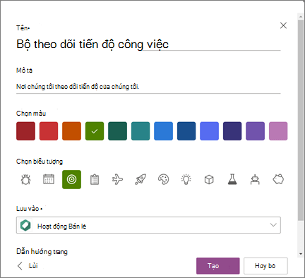 Ảnh chụp màn hình quá trình nhập tên danh sách và chọn một site SharePoint làm vị trí để lưu danh sách khi tạo danh sách