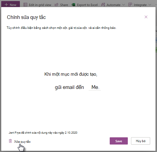 Ảnh chụp màn hình khi xóa quy tắc cho danh sách khỏi trang Chỉnh sửa quy tắc.