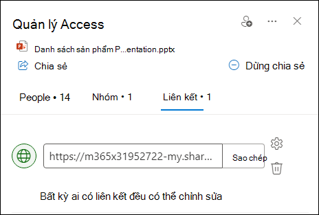 Ảnh chụp màn hình hiển thị hộp thoại quản lý truy nhập với tab liên kết đang mở.