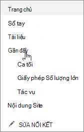Nối kết Gần đây trên Khởi động Nhanh hiển thị trang, danh sách và thư viện đã tạo gần đây
