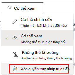 Ảnh chụp màn hình quyền chia sẻ với loại bỏ quyền truy nhập trực tiếp được tô sáng.