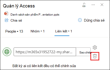 Ảnh chụp màn hình hiển thị hộp thoại quản lý truy nhập với tab liên kết đang mở. Nút loại bỏ liên kết được tô sáng.