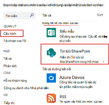 Hiển thị Tin tức SharePoint được cấu hình cho kênh teams