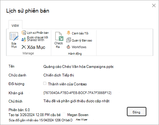 Hộp thoại Lịch sử phiên bản cho một tệp đã cho.