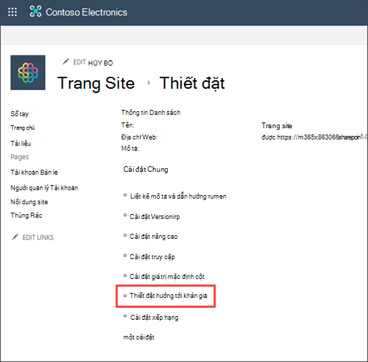Trang Cài đặt với hướng tới người xem được tô sáng