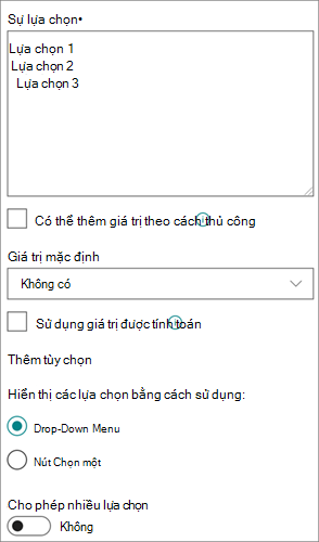 Các tùy chọn cho cột Lựa chọn trong trải nghiệm hiện đại