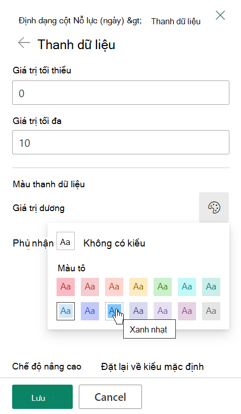Các tùy chọn để định dạng thanh dữ liệu trong cột danh sách SharePoint.