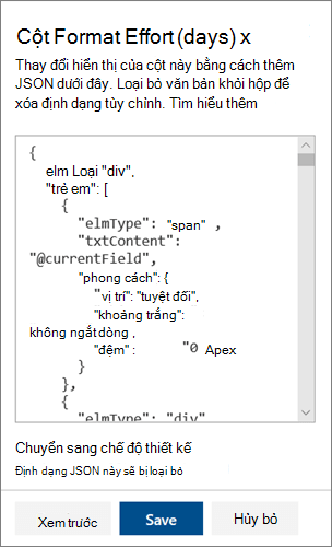 Ngăn JSON chế độ Nâng cao dành cho định dạng cột SharePoint