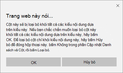 Lời nhắc xác nhận của SharePoint khi loại bỏ một cột khỏi một kiểu nội dung trang cho tất cả các kiểu nội dung dựa trên kiểu nội dung đó