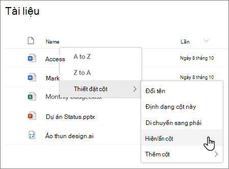 Tùy chọn Thiết > đặt cột Hiện/ẩn cột khi một đầu đề cột được chọn trong danh sách hoặc thư viện SharePoint hiện đại