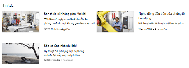 Ảnh chụp màn hình của phần web Tin tức của site SharePoint, nơi các bài đăng đã được lọc