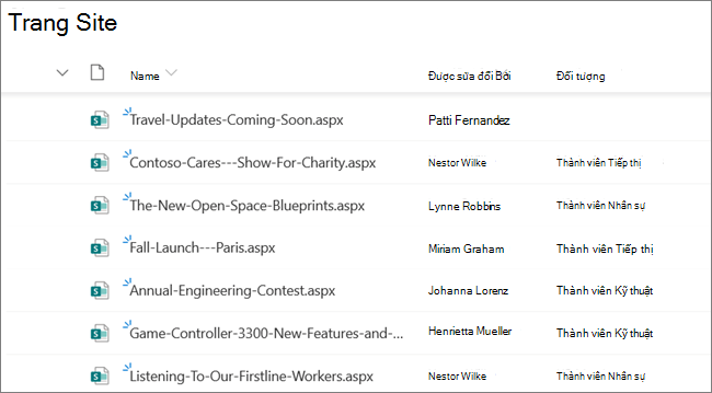 Dạng xem Trang Site cho người sở hữu hoặc người quản trị site SharePoint, hiển thị Bài đăng Tin tức đã được thiết lập với hướng tới người xem