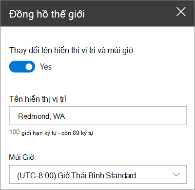 Hộp công cụ cho phần web Đồng hồ Thế giới cho các site SharePoint, hiển thị cách tùy chỉnh tên hiển thị và múi giờ