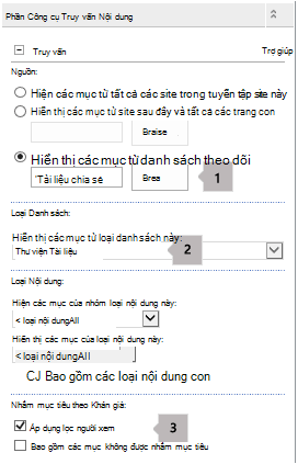 Danh sách thuộc tính Phần Web Truy vấn Nội dung với ba khung chú thích