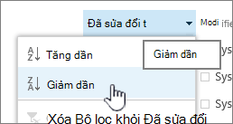 Menu sắp xếp thả xuống trên tiêu đề cột