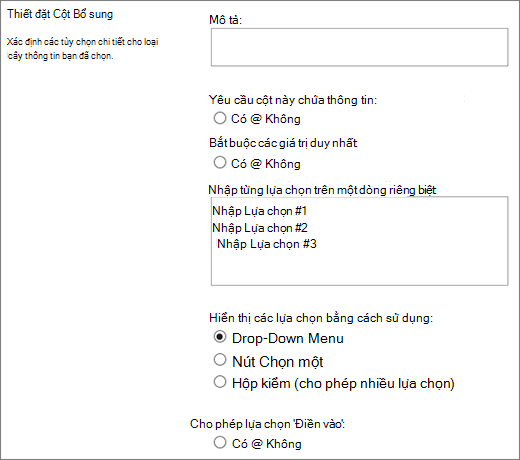 Tùy chọn cho cột Lựa chọn
