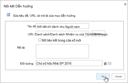 Thuộc tính nối kết dẫn hướng với OK được tô sáng.