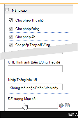 Phần nâng cao thuộc tính phần web với người xem đích được tô sáng