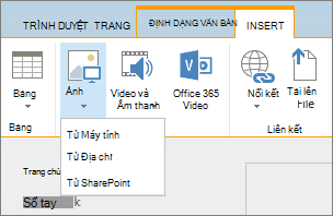 Ảnh chụp màn hình dải băng SharePoint Online. Chọn tab Chèn, rồi chọn Ảnh để chọn có tải lên một tệp từ máy tính của bạn, địa chỉ web hoặc vị trí SharePoint hay không.