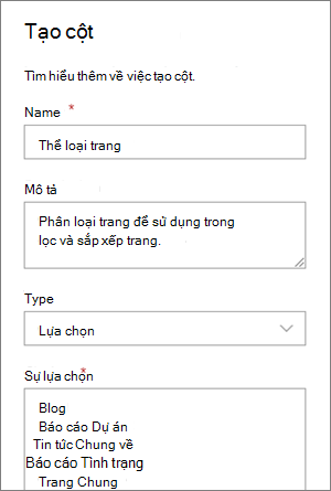 Ví dụ về việc thiết lập cột lựa chọn thể loại cho blog