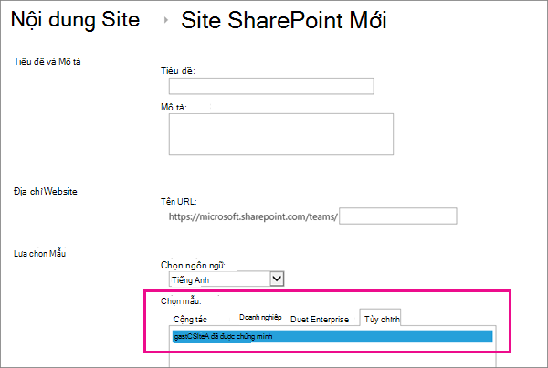 Phần trên cùng của Hộp thoại Tạo Site