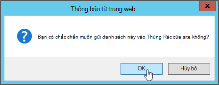 Hộp thoại xác nhận xóa danh sách với OK được tô sáng