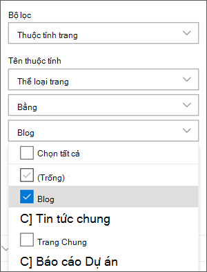 Bộ lọc được đặt cho Blog trong ngăn phần web Tin tức