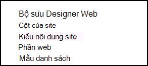 Các tùy chọn Bộ sưu tập Trình thiết kế Web từ trang Thiết đặt Site trong SharePoint Online