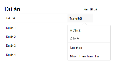Phần web Danh sách với menu sắp xếp, lọc và nhóm