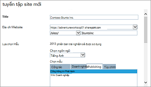 Nửa trên cùng của hộp thoại tuyển tập site mới với Cổng thông tin Phát hành được tô sáng