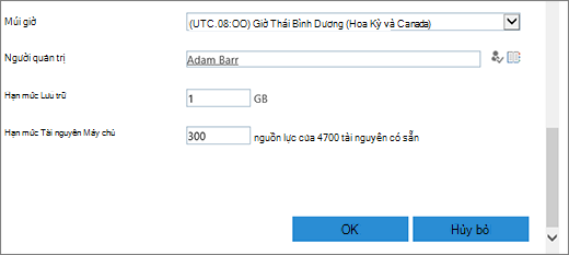Hộp thoại tuyển tập site mới với phần múi giờ và hạn mức.