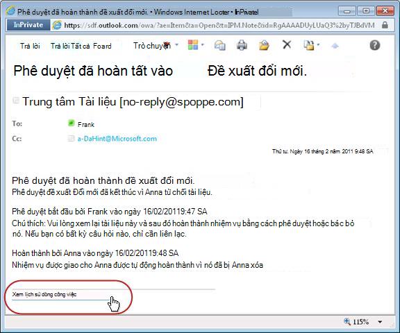 Thông báo dòng công việc hoàn thành có nối kết lịch sử được tô sáng