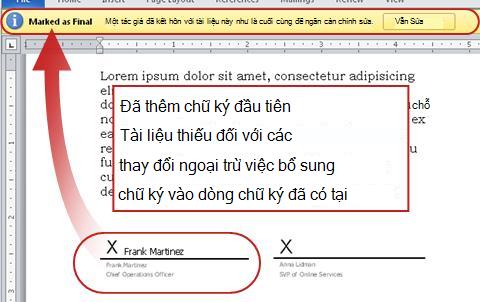 Tài liệu đã thêm chữ ký đầu tiên thì bị khóa không cho thay đổi